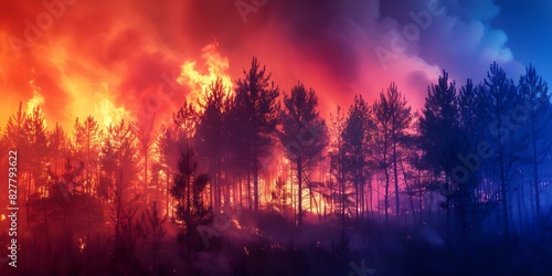 Wildfire devastates pine forest during dry season contributing to global environmental crisis. Concept Wildfires, Pine Forest, Dry Season, Environmental Crisis, Global Impact