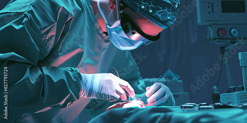 A cyborg surgeon, seamlessly fusing machine and human, meticulously performs a groundbreaking operation with laser-like precision