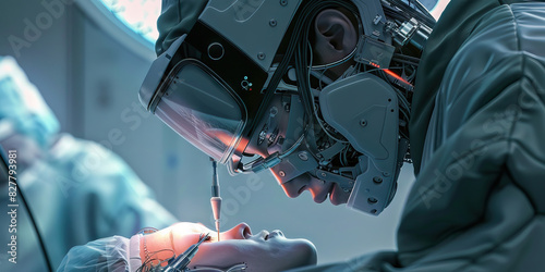 A cyborg surgeon, seamlessly fusing machine and human, meticulously performs a groundbreaking operation with laser-like precision
