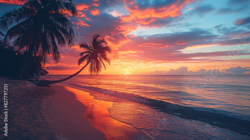 Serenade of Sunset: Picturesque Tropical Beach with Vibrant Sky and Silhouette Palms