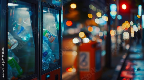 A busy urban street corner showcases a large hightech recycling kiosk that uses optical scanners to quickly process empty bottles and cans.