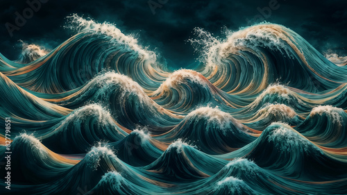 a stormy sea with huge wave formation against dark background.