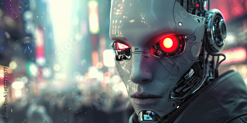A street-smart cyborg, their eyes flashing red, navigates through the crowded streets of a futuristic city, avoiding detection at every turn
