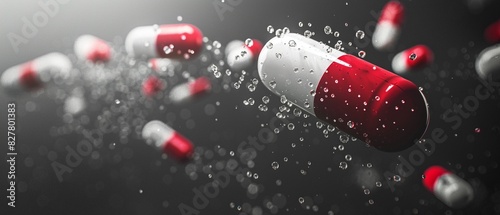 Minimalist depiction of medicine capsules in midair, clean lines, and a monochrome palette with a touch of color, Minimalist, Digital Art 8K , high-resolution, ultra HD,up32K HD