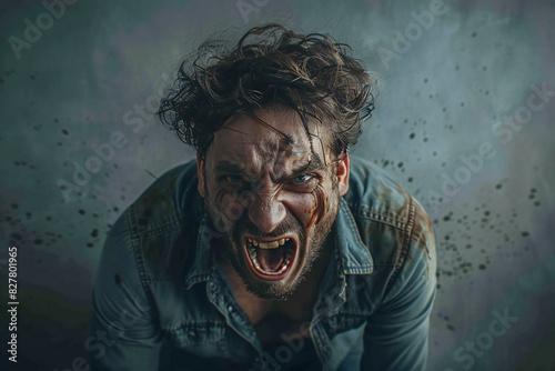 Digital image of man screaming in anger on a grey background, high quality, high resolution