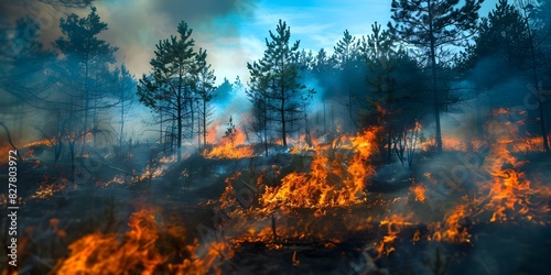 Pine trees ablaze in a forest wildfire during a dry season. Concept Wildfire, Forest, Pine Trees, Dry Season, Environmental Impact