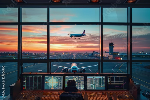 A view from the air traffic control tower at sunset, with planes taxiing and a plane taking off.