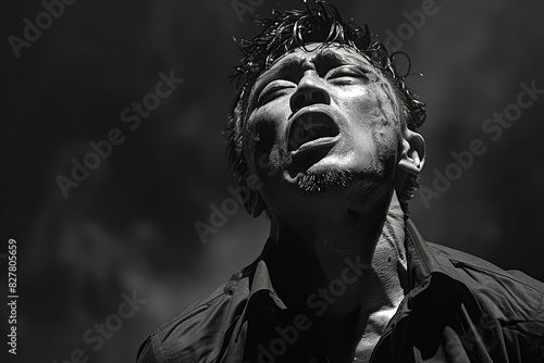 Digital artwork of man is shouting in a black shirt against a dark background