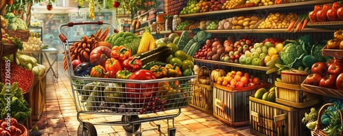 Shoppers cart overflowing with organic fruits, vegetables, and whole grains against a fresh produce aisle background