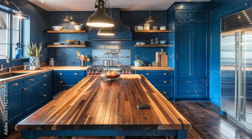 Blue kitchen interior with cobalt blue cabinetry, butcher block countertops, and industrial lighting, paired with exposed brick walls and metal pendant lights
