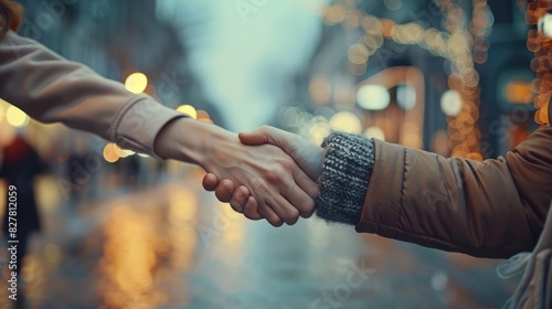 Two people shaking hands with city lights in the background.
