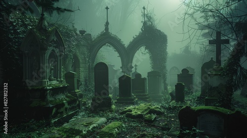 Gothic churchyard filled with mossy gravestones and intricate statues, illuminated by moonlight through the fog