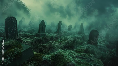 Gothic cemetery scene with mossy gravestones arranged in rows, eerie mist swirling around them at dawn