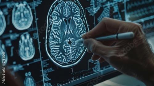 A closeup of a doctors hand as they use a stylus to draw on a highresolution image of a patients brain aided by AI technology to pinpoint potential problems.