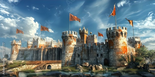 Medieval Fortress: Walls, Towers, Drawbridge, and Royal Flags. Concept Medieval Fortress, Walls, Towers, Drawbridge, Royal Flags