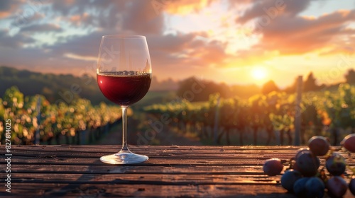 Glass of red wine resting on a wooden table surrounded by a rustic vineyard landscape at sunset