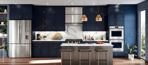 Blue kitchen interior with navy blue cabinets, white marble countertops, and a large kitchen island