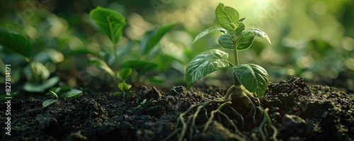Close-up image of a young plant sprouting from fertile soil with sunlight in the background, symbolizing growth and nature.