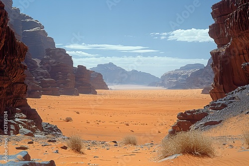 Digital image of wide angle photo of the wadi iiran desert, a vast expanse of brown sand with distant mountains in the background, a clear blue sky, and a sense of solitude.