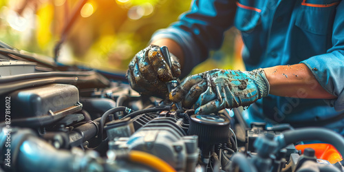 A mechanic skillfully repairs a car engine, their greasy hands a testament to their expertise in the field