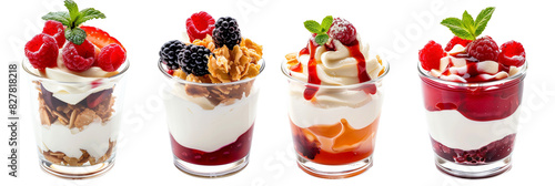 set of parfaits, including berry and yogurt, isolated on transparent background