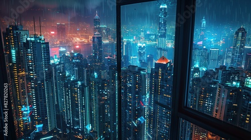 an apartment of a huge skyscraper with a view of the whole city in the dark with lots of lights