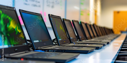 A row of laptops sits in front of a whiteboard, each one humming with activity
