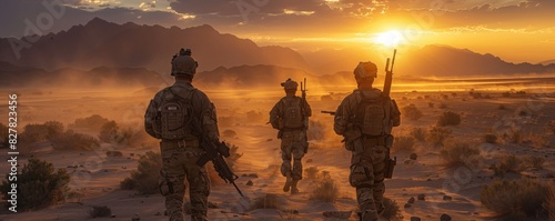 Soldiers in full gear walking through desert terrain