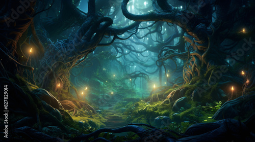 A mythical landscape where the roots of ancient trees resembling dragons' tails entwine and form intricate patterns on the forest floor, illuminated by the soft glow of bioluminescent plants.