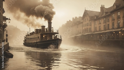 A vintage steamship cruises down a foggy canal in an old European city, evoking a sense of nostalgia and historical charm.