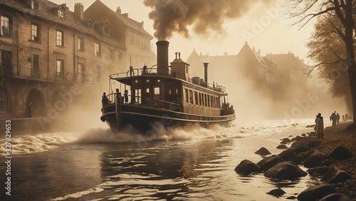 Vintage steamship cruising through a foggy canal, creating a nostalgic and serene atmosphere in a historic town setting.