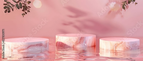 Pink marble podium with water surface and plants shadow, 3d rendering.