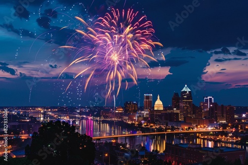 Fireworks over city skyline at twilight during Kansas celebration, vibrant and colorful night festival scene