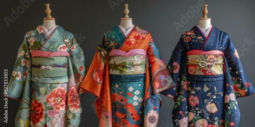 Three beautiful Japanese kimono displayed on mannequins