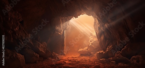 the open door in an easter cave, in the style of religious themes, high detailed, apocalyptic, solarizing master.