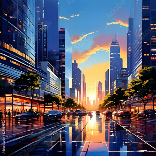 a modern metropolis at dawn, with sleek glass buildings reflecting the sunrise, busy streets filled with people and cars, and a sense of energy and movement