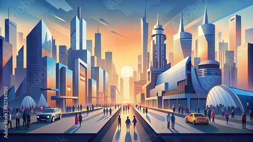 a modern metropolis at dawn, with sleek glass buildings reflecting the sunrise, busy streets filled with people and cars, and a sense of energy and movement