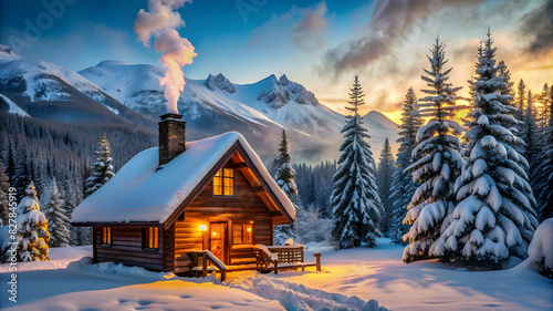 A cozy, rustic cabin in the mountains during winter, with smoke rising from the chimney, snow-covered trees, and a warm light glowing from the windows