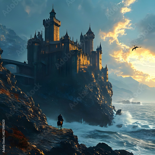A medieval castle perched on a rocky cliff, with a dragon flying in the sky above and a knight on horseback approaching the gate