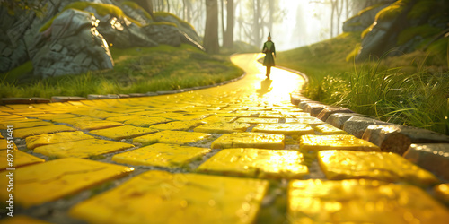 Yellow Brick Road - A traveler walks down a winding path, the iconic yellow brick road stretching out before them, their mind full of wonder and anticipation of what lies ahead