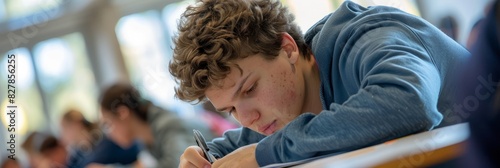 A young man intensely writing on a piece of paper, with his hand blurred in motion