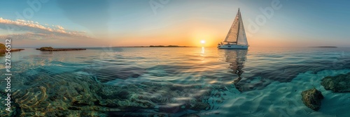 A sailboat cruises through crystal clear waters at sunset, with the sun setting on the horizon