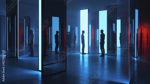 A series of interactive mirrors that reflect different data points such as population growth crime rates and global energy consumption prompting viewers to reflect on their individual