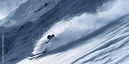 On a snow-covered mountain slope, a skier carves perfect arcs down the powdery snow, feeling the thrill of the descent