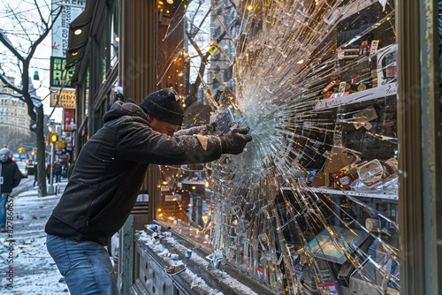 Side view photo of a male Caucasian thief smashing a storefront window and grabbing valuable items in the city center