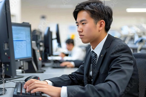 Close-up photo of Asian male office worker typing on computer keyboard at desk in office