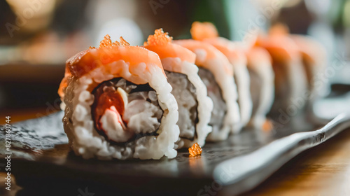 Closeup sushi traditional Japanese or Asian salmon seafood and rice rolled meal in the restaurant. Fresh raw gourmet cuisine menu, lunch or dinner sashimi serving on a plate