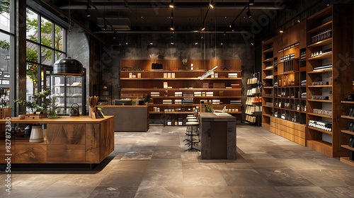 Retail store with a mix of materials like wood, metal, and glass, realistic interior design