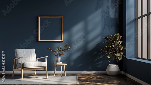 Elegantly understated, with bold contrasts and subtle gradients defining a minimalist composition on a dark blue wall.