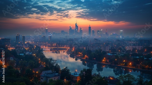 Amazing nighttime cityscape of Warszawa, the capital city of Poland.